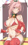  1girl alternate_costume bell bell_collar blue_eyes blush closed_mouth collar eyebrows_visible_through_hair fate_(series) gloves looking_at_viewer miyamoto_musashi_(fate/grand_order) pink_hair red_gloves red_legwear rei_kun santa_bikini smile solo thighhighs 