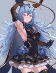  1girl animal_ears aqua_(popogori) arm_up armpits bare_shoulders black_dress blue_cape blue_hair blush breasts cape commentary covered_navel curly_hair dress elbow_gloves erune ferry_(granblue_fantasy) frown gloves granblue_fantasy grey_background hair_between_eyes hair_ornament hairclip holding_whip jewelry long_hair looking_at_viewer medium_breasts sideless_outfit simple_background single_earring skin_tight solo very_long_hair whip x_hair_ornament yellow_eyes 