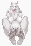  2019 anthro areola black_clothing black_nose blue_eyes breasts canid canine canis clothing female front_view fur hi_res looking_at_viewer mammal pawpads pink_tongue pussy_floss simple_background soles solo tongue tongue_out white_background white_body white_fur wolf ギムザ 