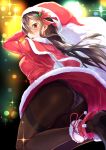  1girl alternate_costume ass black_hair black_legwear capelet christmas fur_trim haruna_(kantai_collection) hat highres jacket kantai_collection kyougoku_touya long_hair long_sleeves panties panties_under_pantyhose pantyhose red_capelet red_headwear red_jacket red_skirt sack santa_costume santa_hat skirt solo thighband_pantyhose underwear white_panties yellow_eyes 