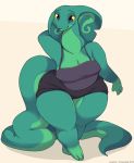  2019 anthro barefoot becky_(javanshir) big_breasts blue_eyes breasts cleavage clothed clothing curvy_figure female green_body green_scales javanshir long_tail reptile scales scalie simple_background sleepwear smile snake solo thick_thighs voluptuous wide_hips yellow_sclera 