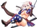 1girl american_flag_bikini areola_slip areolae ass asymmetrical_footwear asymmetrical_gloves asymmetrical_hair bangs belt bikini bikini_lift blue_eyes blue_jacket blue_ribbon blush boots breasts brown_footwear brown_gloves bun_cover closed_mouth elbow_gloves fate_(series) fingerless_gloves flag_print gloves gunblade hair_bun hair_ribbon jacket large_breasts legs legs_up long_hair long_sleeves looking_at_viewer miyamoto_musashi_(fate/grand_order) miyamoto_musashi_(swimsuit_berserker)_(fate) mouth_hold nakajima_yuka pink_hair ribbon sheath shrug_(clothing) side_bun simple_background single_elbow_glove single_thigh_boot solo swept_bangs swimsuit thigh_strap thighhighs weapon white_background 