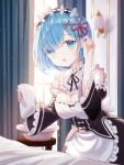  1girl apron bangs bare_shoulders bed blue_eyes blue_hair blush breasts cleavage commentary_request detached_sleeves dress frills hair_ornament hair_over_one_eye hair_ribbon highres holding holding_towel indoors iren_lovel large_breasts looking_at_viewer maid maid_headdress open_mouth pink_ribbon re:zero_kara_hajimeru_isekai_seikatsu rem_(re:zero) ribbon short_hair smile solo thighhighs towel white_legwear window x_hair_ornament 