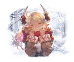  1girl alpha_transparency bangs bare_tree blonde_hair blush breasts brown_coat closed_eyes coat dark_skin day draph eyebrows_visible_through_hair fur_trim granblue_fantasy horn_ornament horns kuvira_(granblue_fantasy) large_breasts lips long_hair long_sleeves minaba_hideo official_art outdoors parted_bangs piglet pointy_ears red_scarf ribbed_sweater scarf smile snow solo sweater transparent_background tree upper_body white_sleeves 