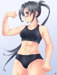  1girl abs amagiri_(kantai_collection) arm_up asymmetrical_bangs bangs bikini black_bikini breasts clenched_hands collarbone commentary_request cowboy_shot eyebrows_visible_through_hair flexing glasses grey-framed_eyewear grey_background grey_eyes grey_hair groin highres kantai_collection light_blush long_hair medium_breasts midriff navel ponytail pose sebunsu sidelocks sideways_glance sideways_mouth signature simple_background sports_bikini swimsuit tsurime very_long_hair 