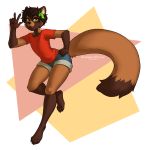  2019 4_toes 5_fingers ambiguous_gender anthro barefoot black_nose brown_body brown_fur brown_hair canid canine clothed clothing digital_media_(artwork) eyebrows eyelashes fingers fur hair hi_res kittydee mammal raccoon_dog solo tanuki toes 