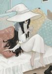  1girl absurdres barefoot beast black_hair boots_removed brown_eyes hair_between_eyes hair_ornament hat highres long_hair original pillow robe sitting solo tsurunoka turtleneck very_long_hair witch_hat 