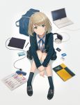  1girl bag bangs blazer blue_bow blue_eyes bow card cellphone computer eyebrows_visible_through_hair headphones highres hyuuga_azuri jacket laptop light_brown_hair looking_at_viewer notebook original pencil_case phone ribbon school_bag school_uniform short_hair sitting smartphone smile solo stylus tablet_pc 