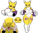 anthro anus black_clothing black_sclera blue_eyes blush breast_grab breasts clothing digimon digimon_(species) disembodied_hand female fur hand_on_breast hi_res just_app1e purple_clothing pussy renamon simple_background white_background white_body white_fur 