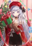 1girl absurdres aran_sweater azur_lane bare_shoulders belfast_(azur_lane) belfast_(shopping_with_the_head_maid)_(azur_lane) beret black_skirt bow box breasts brown_legwear brown_sweater choker christmas christmas_tree cleavage collarbone cowboy_shot gift gift_box hair_bow hat high-waist_skirt highres holding holding_gift large_breasts long_hair long_sleeves looking_at_viewer off-shoulder_sweater off_shoulder open_mouth pantyhose pencil_skirt purple_eyes red_headwear red_ribbon ribbon silver_hair skirt smile solo standing sweater very_long_hair wakum 