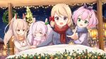  4girls :d ;) ame. animal_ears ayanami_(azur_lane) azur_lane bangs black_ribbon blue_scarf blush bow breath brown_jacket brown_scarf bunny_ears christmas christmas_ornaments christmas_tree christmas_wreath closed_mouth commentary_request eyebrows_visible_through_hair fringe_trim green_eyes grey_jacket hair_between_eyes hair_bow hair_ornament hair_ribbon headgear high_ponytail jacket javelin_(azur_lane) laffey_(azur_lane) light_brown_hair long_sleeves looking_at_viewer multiple_girls night night_sky one_eye_closed open_mouth outdoors pink_hair pink_jacket pointing ponytail purple_eyes red_bow red_eyes red_scarf ribbon scarf sidelocks silver_hair sky smile snow snowing star star_hair_ornament twintails z23_(azur_lane) 