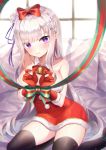  1girl bare_shoulders bell black_legwear blush bow bowtie braid breasts collarbone detached_collar dress elf emilia_(re:zero) french_braid fur_trim gloves hair_bow hinaki_(hinaki_0102) large_breasts long_hair looking_at_viewer pillow pointy_ears purple_eyes re:zero_kara_hajimeru_isekai_seikatsu red_bow red_dress red_gloves santa_costume santa_dress sidelocks silver_hair solo thighhighs very_long_hair zettai_ryouiki 