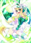  1girl akatsuki_kirika blonde_hair breasts cameltoe covered_navel elbow_gloves gloves gradient_hair green_eyes green_hair green_leotard highres large_breasts leotard long_hair looking_at_viewer multicolored_hair open_mouth scythe senki_zesshou_symphogear shiny shiny_clothes shiny_hair shiny_skin skin_tight smile solo striped striped_legwear thighhighs very_long_hair yuuheisyoujyo 