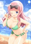  1girl ;d bare_arms bare_shoulders beach bikini bird black_bow blue_eyes blue_sky blush bow breasts cleavage cloud cloudy_sky collarbone commentary_request day fujiwara_chika green_bikini hair_bow hand_on_hip highres kaguya-sama_wa_kokurasetai_~tensai-tachi_no_renai_zunousen~ large_breasts lifted_by_self long_hair looking_at_viewer ocean one_eye_closed open_mouth outdoors pink_hair sand sky smile solo strap_lift sun sunlight swimsuit very_long_hair water zenon_(for_achieve) 