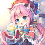  1girl :d animal_ear_fluff animal_ears bangs bell blue_bow blue_eyes blush bow capelet cat_ears cat_girl cat_tail christmas commentary_request eyebrows_visible_through_hair fang frilled_capelet frills fur-trimmed_hat hair_bow hat long_hair long_sleeves looking_at_viewer low_twintails mauve mittens open_mouth original pink_hair puffy_long_sleeves puffy_sleeves red_capelet red_headwear red_mittens smile solo striped striped_bow tail tail_raised twintails upper_body 