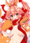  1girl animal_ear_fluff animal_ears bangs bow breasts eyebrows_visible_through_hair fang fate_(series) fox_ears fox_tail gloves gradient gradient_background grey_background hair_between_eyes hair_bow hands_up high_ponytail highres honoka_chiffon large_breasts long_hair looking_at_viewer naked_scarf navel open_mouth paw_gloves paws pink_hair pom_pom_(clothes) red_bow scarf shiny shiny_hair shiny_skin sidelocks skin_fang smile solo tail tamamo_(fate)_(all) upper_body white_background yellow_eyes 