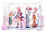  1boy 1girl age_progression boots bouquet dual_persona final_fantasy final_fantasy_xiii flower gunblade high_heels hope_estheim keju_doodlez lightning_farron lightning_returns:_final_fantasy_xiii looking_at_another older pink_hair silver_hair smile spoilers standing trembling weapon 