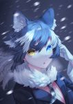  1girl absurdres animal_ears black_hair blue_eyes breasts cleavage extra_ears fur_collar gloves grey_wolf_(kemono_friends) heterochromia highres kemono_friends large_breasts looking_at_viewer multicolored_hair necktie open_mouth snow snowing solo st.takuma two-tone_hair upper_body white_gloves white_hair wolf_ears wolf_girl yellow_eyes 