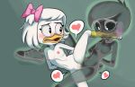  accessory anatid anseriform anthro anthro_on_anthro avian beak bird blush bodily_fluids clenched_teeth clothing disney duck ducktales_(2017) duo eyelashes female female/female flat_chested footwear genital_fluids hair_accessory hair_bow hair_ribbon hands_behind_back hi_res lena_(ducktales) mangamaster mostly_nude nipples oddrich open_beak open_mouth pussy pussy_juice ribbons sex shoes simple_background teeth tribadism vaginal webby_vanderquack 