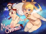  2girls :d bell bell_collar bikini black_hair blonde_hair blue_eyes blush boots breasts brown_eyes christmas cleavage collar covered_nipples eyebrows_visible_through_hair gloves hair_between_eyes hat high_heels hime_cut iku_(ikuchan_kaoru) long_hair merry_christmas multiple_girls navel open_mouth original red_bikini red_gloves sack santa_bikini santa_hat small_breasts smile sweat swimsuit thighhighs white_gloves white_legwear 