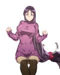  1girl bangs breasts casual contemporary fate/grand_order fate_(series) ghgnvm highres large_breasts long_hair looking_at_viewer low-tied_long_hair minamoto_no_raikou_(fate/grand_order) pantyhose parted_bangs purple_eyes purple_hair ribbed_sleeves skirt smile solo sweater very_long_hair 