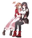  2girls absurdres aerith_gainsborough arm_guards arm_hug black_hair black_skirt bow breasts brown_hair crop_top cropped_jacket dress final_fantasy final_fantasy_vii final_fantasy_vii_remake fingerless_gloves gloves hair_bow highres jacket long_hair low-tied_long_hair multiple_girls pink_dress pleated_skirt red_jacket sitting skirt tank_top thighhighs tifa_lockhart zonzonsh 