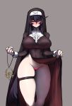  1girl absurdres babo black_hair blush breasts censored closed_eyes gloves groin hair_between_eyes heart heart_censor highres jewelry jewelry_removed last_origin long_hair necklace necklace_removed no_panties nun solo thigh_strap veronica_type-asc very_long_hair white_gloves 