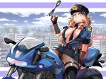  1girl black_neckwear black_panties blonde_hair blue_eyes blue_shirt boku_no_hero_academia breasts cleavage covered_nipples cuffs drill_hair english_commentary female_service_cap fingerless_gloves fishnet_legwear fishnets gloves ground_vehicle handcuffs hat highres large_breasts motor_vehicle motorcycle necktie open_clothes open_shirt panties pantyhose pencil_skirt police police_badge police_hat police_uniform policewoman shirt sitting skirt sleeves_rolled_up steve_chopz thigh_strap thighhighs twin_drills underwear uniform utsushimi_kemii 