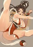 1girl ahoge anus anus_peek black_gloves breasts brown_eyes brown_hair covered_clitoris covered_nipples fingerless_gloves gloves large_breasts long_hair open_mouth poch4n rope_belt shiranui_mai signature solo teeth the_king_of_fighters tongue 