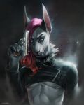  anthro black_sclera canid canine canis clothed clothing digital_media_(artwork) fur gun hair holding_object jackal leather levelviolet looking_at_viewer male mammal ranged_weapon smile solo weapon white_eyes 