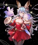  1girl ;d animal_ears bare_shoulders black_background black_legwear blue_hair blush bow christmas commentary curly_hair detached_sleeves dress erune ferry_(granblue_fantasy) fur-trimmed_sleeves fur_trim ghost granblue_fantasy hair_between_eyes hair_bow highres jewelry long_hair long_sleeves ohihil one_eye_closed open_mouth red_dress sideless_outfit single_earring smile solo star starry_background underboob_cutout very_long_hair wide_sleeves yellow_eyes 