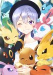  1girl :o ;) ;3 ;d absurdres black_eyes black_headwear blue_eyes blush brown_eyes collarbone eevee espeon fang flareon gen_1_pokemon gen_2_pokemon gen_4_pokemon gen_6_pokemon glaceon grin hair_ornament hairclip highres higuchi_kaede holding huge_filesize jolteon leafeon long_hair mole mole_under_eye nezumidoshi nijisanji one_eye_closed open_mouth pokemon_(creature) purple_eyes red_eyes shirt silver_hair smile sylveon teeth umbreon upper_body vaporeon white_shirt 