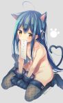  1girl animal_ears black_legwear blue_hair breasts cat_ears cat_tail eyebrows_visible_through_hair gloves hair_ornament hair_ribbon hairclip highres long_hair march-bunny nude original paper paper_in_mouth paw_gloves paws ribbon seiza sidelocks simple_background sitting small_breasts solo tail thighhighs white_background white_ribbon yellow_eyes 