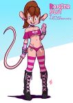  2019 absurd_res an_american_tail anthro boots bottomwear brown_eyes clothed clothing digital_media_(artwork) don_bluth ear_piercing ear_ring english_text female footwear hair handwear hi_res high_heels jewelry legwear mammal mouse murid murine open_mouth piercing rodent shoes shorts simple_background smile solo tanya_mousekewitz tekuho text thigh_highs topwear 