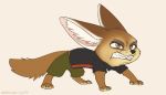 2016 all_fours anthro bared_teeth barefoot black_nose bottomwear brown_body brown_eyes brown_fur canid canine clothed clothing disney fangs fennec finnick fox fully_clothed fur inner_ear_fluff mammal shirt shorts simple_background slit_pupils solo tan_body tan_fur teeth topwear tuft zazush-una zootopia 
