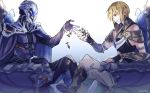  2boys armor black_armor black_cape blonde_hair body_armor boots bracelet cape chess_piece earrings face-to-face fate/grand_order fate_(series) fingerless_gloves gloves green_eyes jason_(fate/grand_order) jewelry multiple_boys odysseus_(fate/grand_order) short_hair sitting smile smirk trembling vambraces zeromomo 