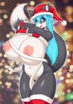  big_breasts blue_hair blush breasts canid canine canis christmas clothing domestic_dog female hair hanul hi_res holidays huge_breasts looking_at_viewer mammal navel pussy slightly_chubby solo tailzkim 