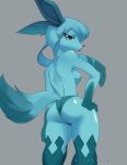  anthro anthrofied barely_visible_genitalia blue_body bottomwear breasts butt clothed clothing eeveelution female glaceon grey_background hair hi_res kitsunate looking_at_viewer looking_back nintendo pink_nose pok&eacute;mon pok&eacute;mon_(species) pussy side_boob simple_background tongue tongue_out topless underwear video_games 
