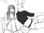  4:3 anthro bed black_and_white bulge clothed clothing duo eyewear furniture glasses hair hair_over_eye hladilnik lagomorph leporid long_hair male mammal monochrome navel on_bed one_eye_obstructed penis_outline rabbit 
