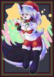  2019 absurd_res angry anthro bell blush bottomwear bow candy candy_cane canid canid_demon canine canis christmas christmas_lingerie christmas_tree claws clothed clothing collar crop_top demon digital_media_(artwork) fangs female food fur hair headgear headwear hellhound helluva_boss hi_res holidays iroxykun loona_(vivzmind) mammal mistletoe plant red_sclera shirt shorts snarling solo teeth topwear tree white_body white_fur wolf 