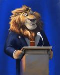  2017 anthro blue_background clothing disney felid fur guephren hi_res leodore_lionheart lion male mammal mane microphone pantherine podium shirt simple_background solo standing topwear whiskers yellow_body yellow_fur zootopia 