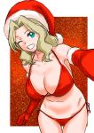  1girl absurdres armpit_peek bikini blonde_hair blue_eyes blush breasts cameltoe christmas cleavage collarbone elbow_gloves eyebrows_visible_through_hair girls_und_panzer gloves grin groin hat highres hisaki kay_(girls_und_panzer) large_breasts long_hair looking_at_viewer navel one_eye_closed parted_lips red_bikini red_gloves red_headwear santa_hat side-tie_bikini smile solo standing swimsuit teeth 