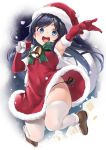  1girl :d asashio_(kantai_collection) bell black_hair black_string blue_eyes brown_footwear christmas ebifurya elbow_gloves fur_trim gloves green_ribbon hat highres holding holding_sack kantai_collection long_hair open_mouth pom_pom_(clothes) red_gloves ribbon sack santa_costume santa_hat shoes smile snow solo string_panties thighhighs white_legwear 