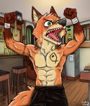  4_fingers abs anthro bar biceps blood bodily_fluids canid canine claws clothed clothing disney fangs fingers fox fur green_eyes half_naked inside male mammal muscular muscular_male nick_wilde open_mouth orange_body orange_fur pecs solo tattoo tongue topless ziegelzeig zootopia 