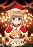  1girl 40hara :p animal_ear_fluff animal_ears aqua_eyes bangs blonde_hair blunt_bangs blurry blush bokeh cake candle capelet cat_ears christmas christmas_ornaments collar cream depth_of_field eyebrows_visible_through_hair food food_on_face hat highres kinako long_hair looking_at_viewer original pet_collar red_capelet red_collar santa_costume santa_hat sitting solo tongue tongue_out 