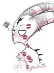 2019 after_sex blitzo_(vivzmind) blush clothed clothing demon helluva_boss hi_res horn kiss_mark male not_furry simple_background sketch solo watermark white_background 