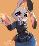  2019 anthro badge belt breasts buckteeth cellphone clothed clothing dipstick_ears disney female fully_clothed fur grey_body grey_fur head_tuft holding_cellphone holding_object holding_phone judy_hopps kitsunate lagomorph leporid light lighting mammal multicolored_ears open_mouth open_smile orange_background phone pink_nose police_uniform purple_eyes rabbit simple_background smile solo teeth tuft uniform zootopia 