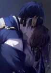  1boy 1girl arm_guards black_gloves black_hair blood blood_on_face blue_hair closed_eyes commentary_request cuts dirty_clothes dirty_face female_saniwa_(touken_ranbu) gloves hetero injury japanese_clothes kariginu kimono kiss long_hair mikazuki_munechika mochizuki_shiina saniwa_(touken_ranbu) sayagata touken_ranbu white_kimono wide_sleeves 