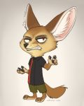  2016 anthro barefoot black_nose bottomwear brown_body brown_eyes brown_fur canid canine cheek_tuft claws clothed clothing disney facial_tuft fennec finnick fox fully_clothed fur grey_background hi_res inner_ear_fluff mammal neck_tuft pawpads shirt shorts simple_background solo standing tan_body tan_fur teeth topwear tuft zazush-una zootopia 