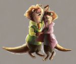  2017 anthro barefoot bottomwear brown_body brown_fur clothed clothing disney duo emmitt_otterton eyewear fully_clothed fur glasses green_eyes grey_background guephren hand_holding jacket light lighting looking_at_another lutrine mammal mrs._otterton mustelid necktie open_mouth open_smile pants pink_nose shirt simple_background smile topwear whiskers zootopia 
